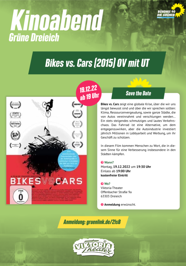 GRÜNE Dreieich + Viktoria Theater | Kinoabend „Bikes vs. Cars“
